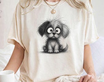 Comfort kleuren puppy doodle grafisch shirt, krabbel hond schets T-shirt, lijntekeningen honden T-shirt, leuk hondenliefhebber cadeau