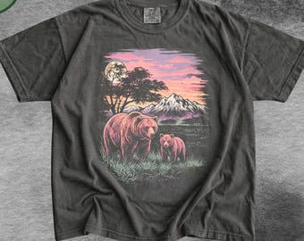 T-shirt vintage con grafica di orso e animali selvatici, maglietta anni '90 con animali della foresta lunare, maglietta Comfort Colors® con orso grizzly vintage, regalo rustico per gli amanti della natura