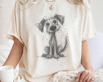 Koszulka Comfort Colors Puppy Doodle Graphic, Koszulka ze szkicem psa Scribble, Koszulka z rysunkiem liniowym dla psa, Uroczy prezent dla miłośnika psów
