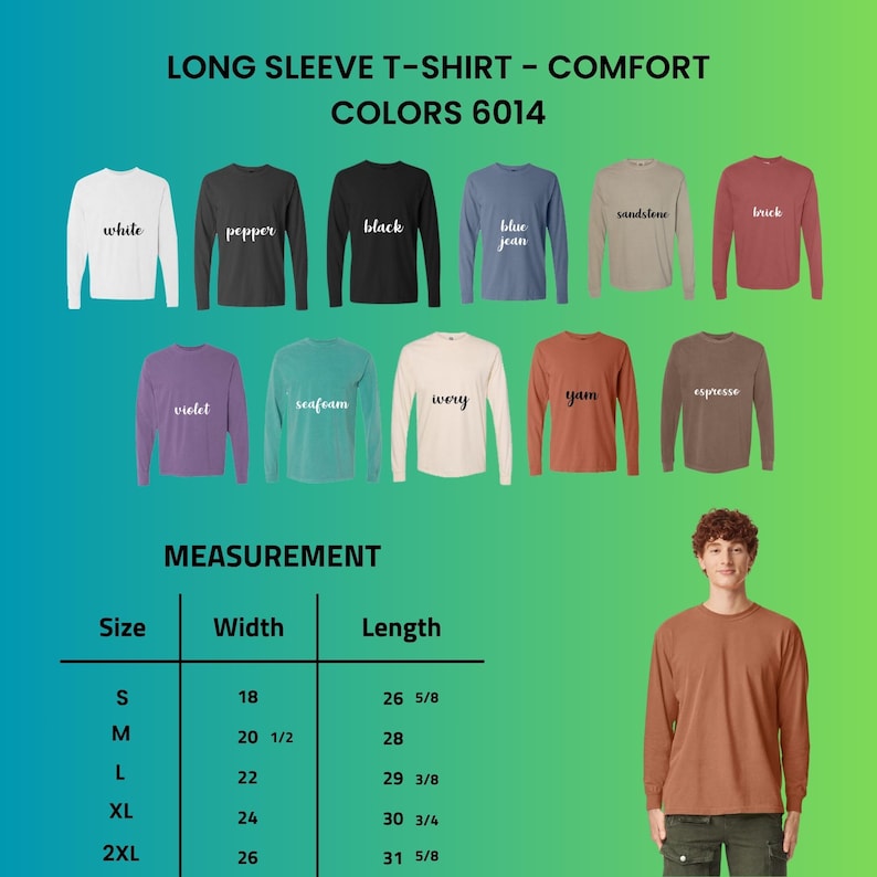Op de afbeelding: Een display van lange mouwen T-shirts in verschillende kleuren, waaronder wit, zwart, blue jean en violet. De afbeelding bevat een maattabel met maten en afmetingen in centimeters. Een persoon draagt een yam-kleurig shirt met lange mouwen.