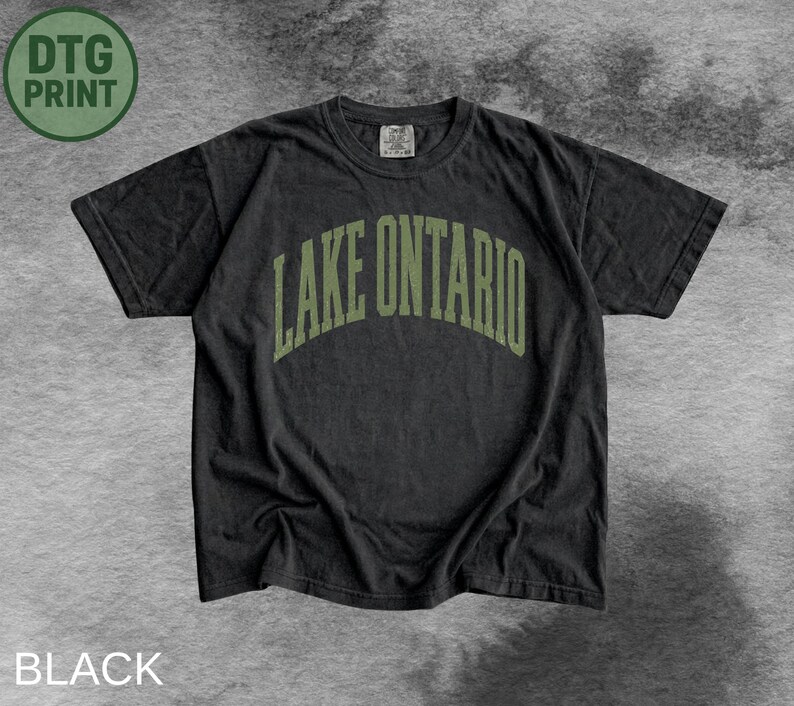 May include: A black short-sleeve crew neck t-shirt featuring the text LAKE ONTARIO in an arched, olive green collegiate-style font across the chest. The garment has a standard fit with a ribbed neckline and a small interior brand label.
