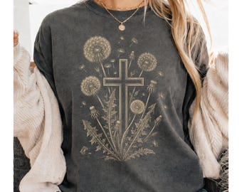 Maglietta vintage con grafica floreale, croce e dente di leone, maglietta cristiana anni '90, maglietta religiosa Comfort Colors