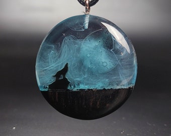 Wolf necklace, glowing moon necklace, Men's Pendant, wood resin pendant, gift for him, gift for boyfriend, birthday gift, gift for her