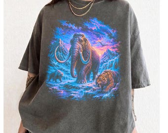 Maglietta vintage con mammut lanoso, maglietta grafica con animali dell'era glaciale anni '90, maglietta Comfort Colors con tigre dai denti a sciabola, maglietta con arte preistorica della natura