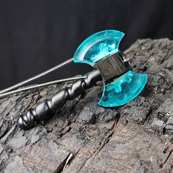 Double Side İced Axe Pendant, Blue battle axe necklace, glowing resin axe pendant, wooden axe jewelery, viking axe necklace, gift for him