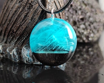 Wood resin circle pendant Mountain. Secret magical world inside necklace. Eco epoxy jewelry. Perfect gift for her. For man and woman