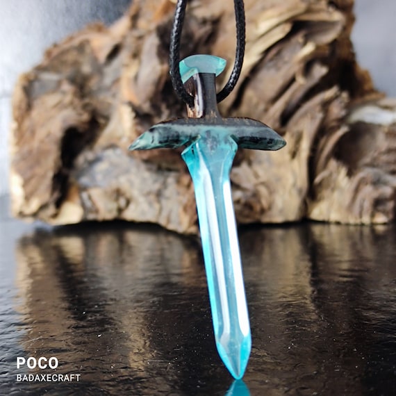 Angel Sword Necklace Wooden Blue Resin With Glowing Dark Powders
