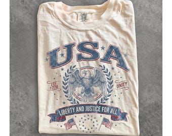 Maglietta patriottica vintage USA, maglietta anni '90 per il Giorno dell'Indipendenza degli Stati Uniti, maglietta grafica per il 4 luglio, maglietta "Una nazione sotto Dio" stile retrò, regalo USA