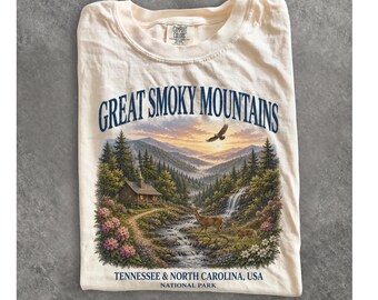Maglietta vintage del Parco Nazionale delle Great Smoky Mountains, stile retrò anni '90, con grafica paesaggistica e montana di Comfort Colors®.