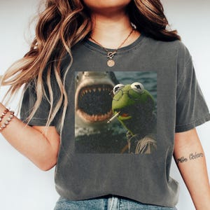 May include: Dark gray t-shirt featuring a square graphic of Kermit the Frog wearing glasses and smoking a cigarette, with a shark behind him. The shirt is a relaxed fit, with short sleeves and a crew neck.