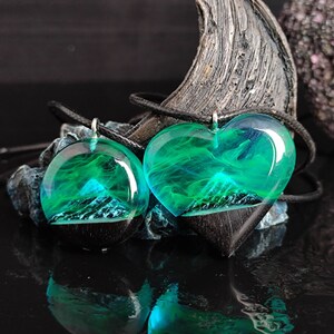 couples necklaces, aurora borealis, wood resin necklace, personalized gift, birthday gift, for women and men, mountain necklace, unique gift