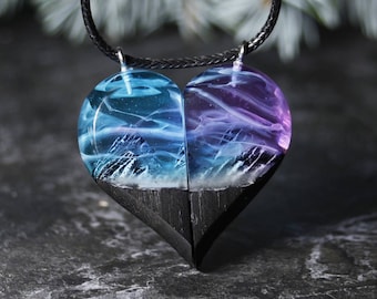 Wood Resin Couple Necklaces For Birthday Gift For Her, Paired Heart Shaped Couple Pendants
