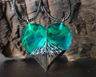 Matching Necklaces Heart Couple Pendants, Aurora Necklace Set, Wooden Resin Pendant, Valentine&#39;s Day Gift, Northern Lights, Gift For Her