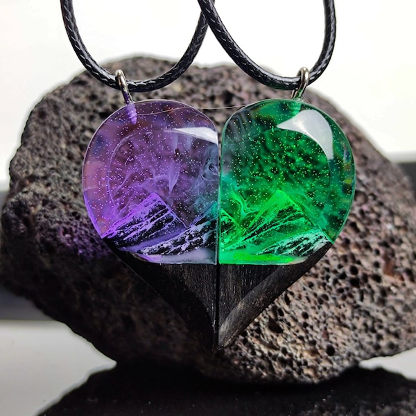 Matching necklaces, Wooden Resin Paired Heart Pendants Mountains, Valentine's Day Gift, Aurora Necklace, Perfect Gift For Her, Bİrthday Gift