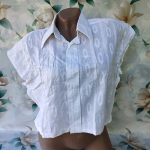 90s Vintage Cotton Women&#39;s White Crop Shirt Oversized Short Sleeve. Size M-L.