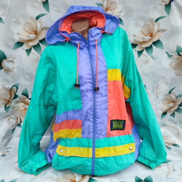 90s Vintage Men's/Women's Spring Nylon Jacket/Windbreaker Color Block Oversized. One size large.