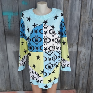 90s Vintage women&#39;s blue long sweater with star print. Oversized knitted pullover for women. Size XL-2XL.