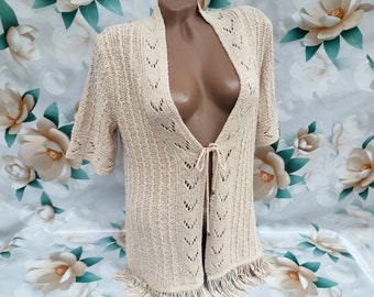 Jaren '90 Vintage dames beige stropdas vest/bolero oogje trekkoord omzoomd korte mouw. Maat M-L.