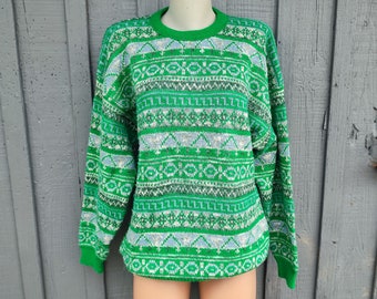 90s Vintage Italy wool women's/men's green sweater oversized geometric print. Size L-XL.