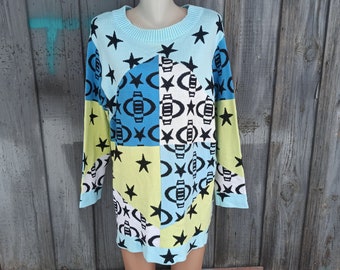 90s Vintage women's blue long sweater with star print. Oversized knitted pullover for women. Size XL-2XL.