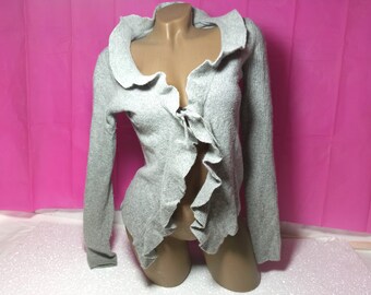 90s Vintage Gray Ruffle Cardigan - Short Tie Front, Size M