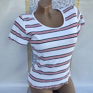 90s Vintage Cotton Women&#39;s White Striped Ribbed Top/Tee Short Sleeve. Size S-M.