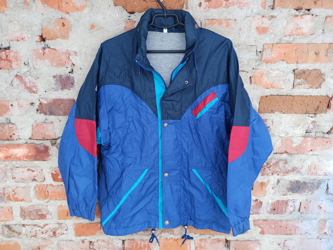 Giacca antivento in nylon da uomo vintage anni '90, color block blu
