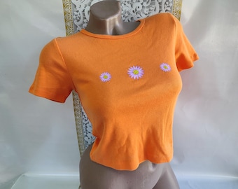 90s Vintage Neon Orange Floral Crop Top: Ribbed Cotton XS-S