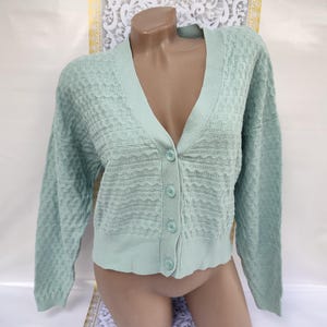 90s Vintage Women&#39;s Mint V-Neck Crop Cardigan Oversized Long Sleeve. Size M-L.
