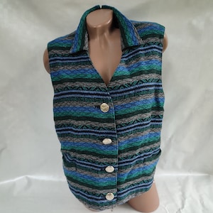 90s Vintage Women&#39;s Blue Geometric Tapestry Button Down Vest with Collar. Size XL-2XL.
