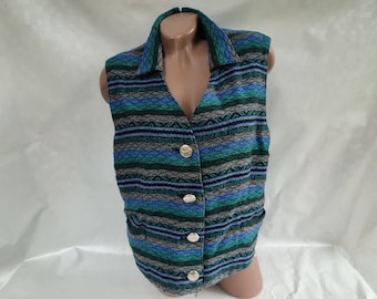 90s Vintage Women's Blue Geometric Tapestry Button Down Vest with Collar. Size XL-2XL.