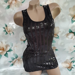 90s Vintage women&#39;s black glitter top with sequins. Sexy tank top. Size XXS-XS.