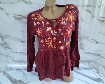 90s Vintage Women's Burgundy Baby Doll Blouse Floral Embroidery Long Sleeve. M Size.