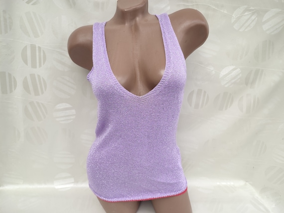 90s Vintage Women's Lilac Shiny Knitted Top/Tank … - image 1