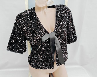 90s Women's Black Shiny Sequin Crop Bolero Short Sleeves. Size S-M.
