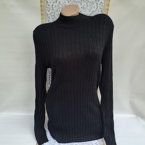 90s Vintage Viscose Women&#39;s Black Ribbed Turtleneck Long Sleeve. Size L-XL.