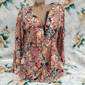 Blusa/camisa feminina de manga comprida, estilo hippie abstrato, vintage italiano dos anos 90. Tamanhos GG-XGG.
