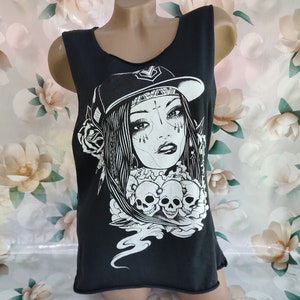 T-shirt sans manches gothique vintage des années 90, tête de mort gothique fille. 100 % coton. Taille unique.