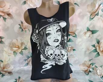 90s vintage goth top sleeveless tee print girl goth skull. 100% cotton. One size.