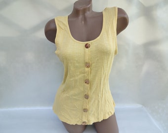 Camiseta sin mangas de algodón acanalada amarilla para mujer, estilo vintage de los 90, con botones. Tallas L-XL.