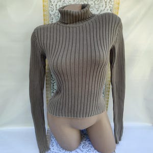 90er Jahre Vintage Baumwolle Damen Taupe Gerippt Rollkragen Stehkragen Langarm. Größe S-M.
