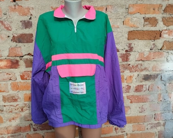 Jaqueta vintage dos anos 90 em nylon com blocos de cores: modelo esportivo oversized em neon