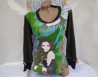 90s Vintage Viscose Cotton Green Printed Hippie Top Long Sleeve. Size M.