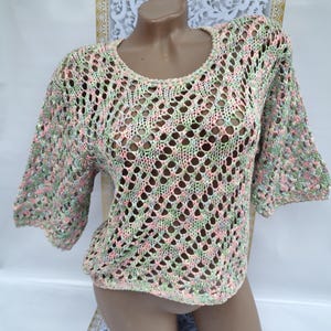 90s Vintage Italy Cotton Women&#39;s Multicolor Knitted Mesh Short Sleeve Top. Size M-L.
