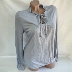 90s Vintage Womens Gray V Neck Top Ruched Long Sleeve. Size S.