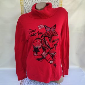 90s Vintage Women&#39;s Red Stars Print Turtleneck Sweater High Neck Long Sleeve. Size M-L.