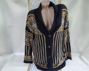 90s Vintage Women's Black Yellow Nordic Cardigan Collar Long Sleeve. Size L-XL.