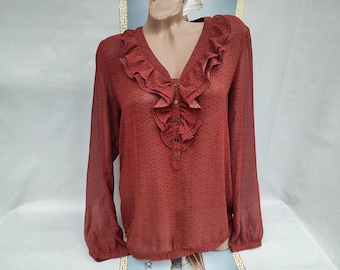 90s Women's Terracotta Geometric Blouse Jabot Long Sleeve. Size M.