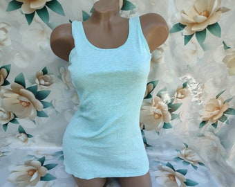 Top/camiseta de tirantes de algodón azul claro acanalado estilo vintage de los años 90 para mujer. Talla XS-S.