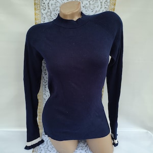 90s Vintage Viscose Women&#39;s Navy Blue Ribbed Pullover Long Sleeve. Size S.